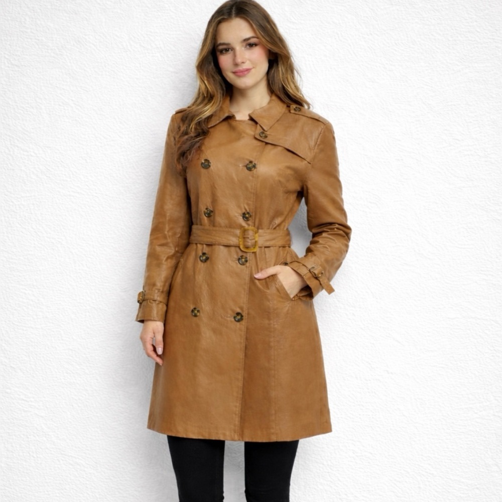 Vintage Jerry Lewis Women's Leather Coat Medium Brown Belted Double Breasted